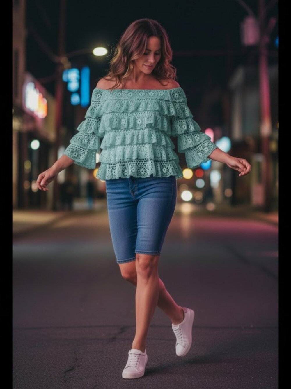 Boston Proper Crochet Ruffles Salsa Top Bardot Neckline Teal Boho Gypsy Women